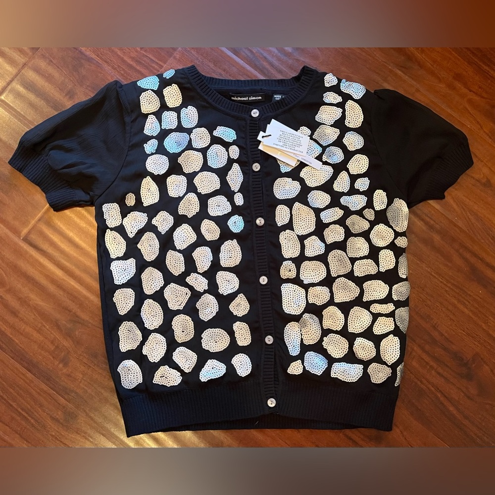 NWT Vtg Michael Simon Black Short Sleeve Cardigan Button Up Top Silver Sequins S